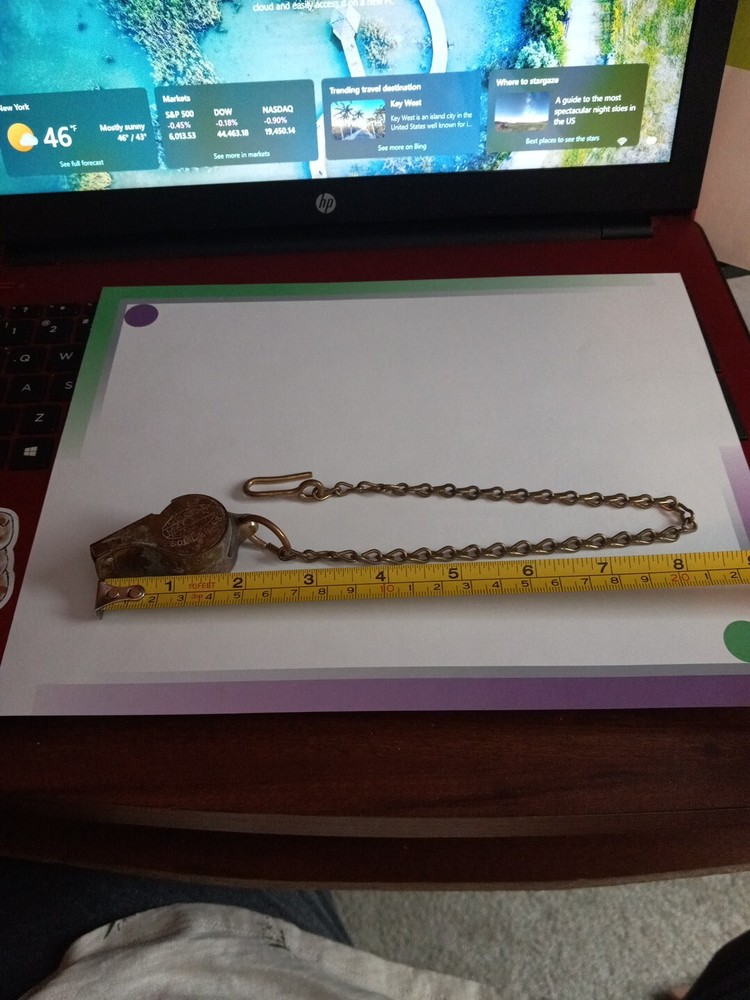 Antique Vintage Solid Brass Whistle USA w/Chain