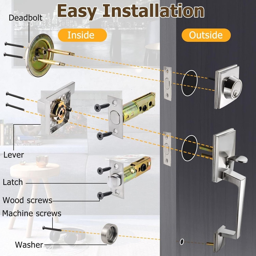 Adjustable Front Door Lock with Lever Handle - Modern Style