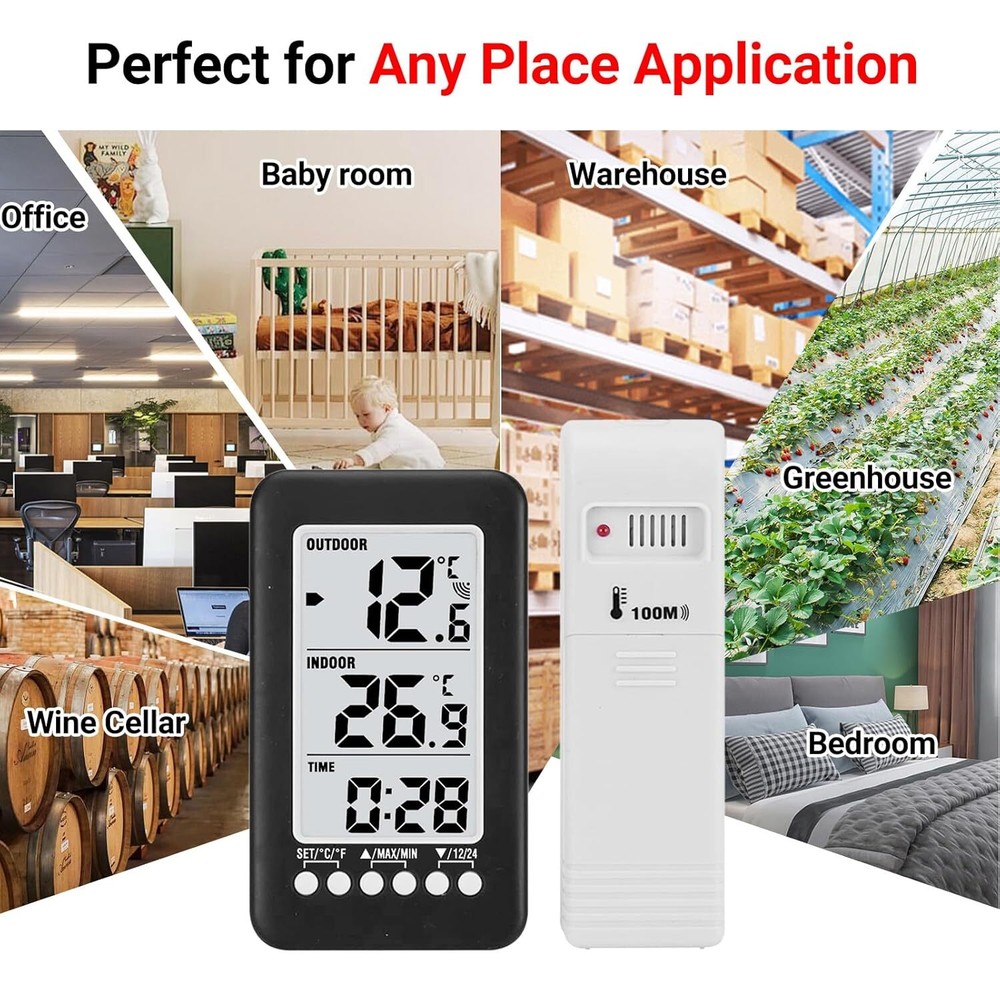 Digital Thermometer Clock Wireless Transmitter Indoor/Outdoor Temperature Meter