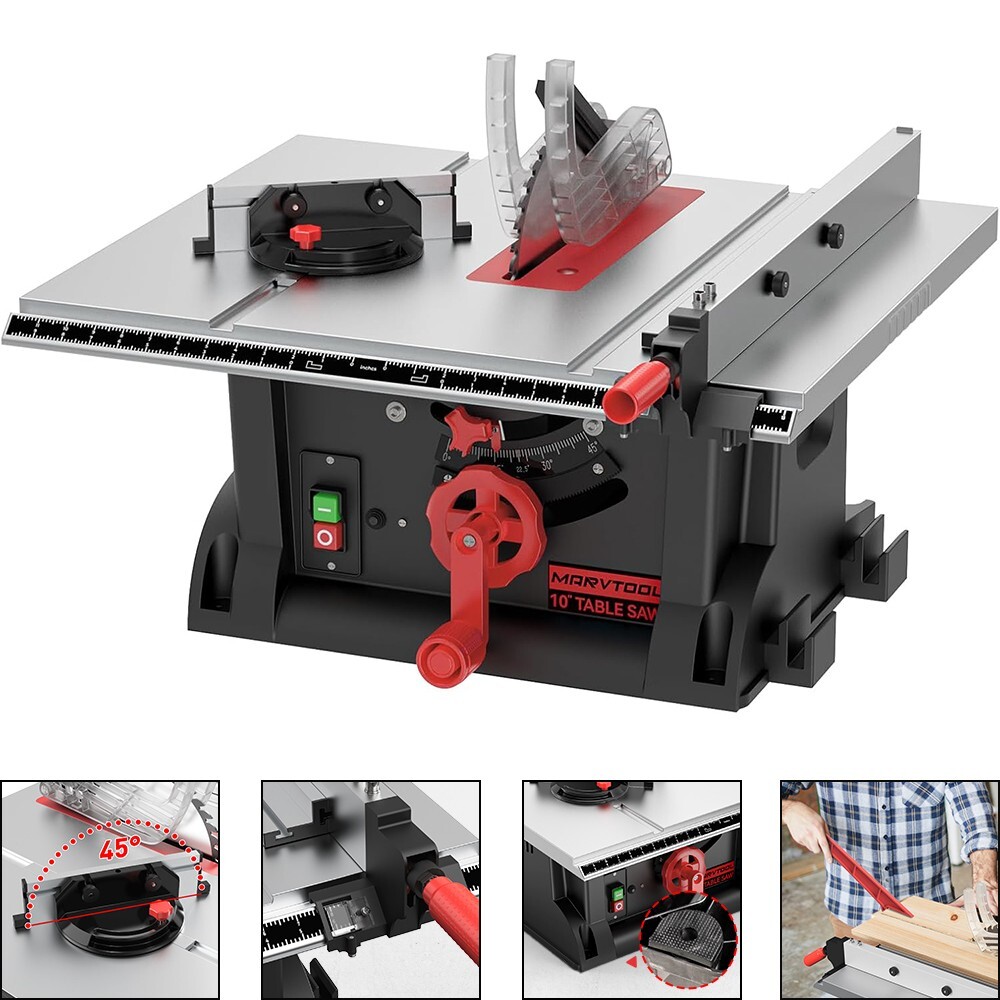 MarvTool 15Amp Portable 10 inch Table Saw 4600RPM Compact Tablesaw For Wood Cut