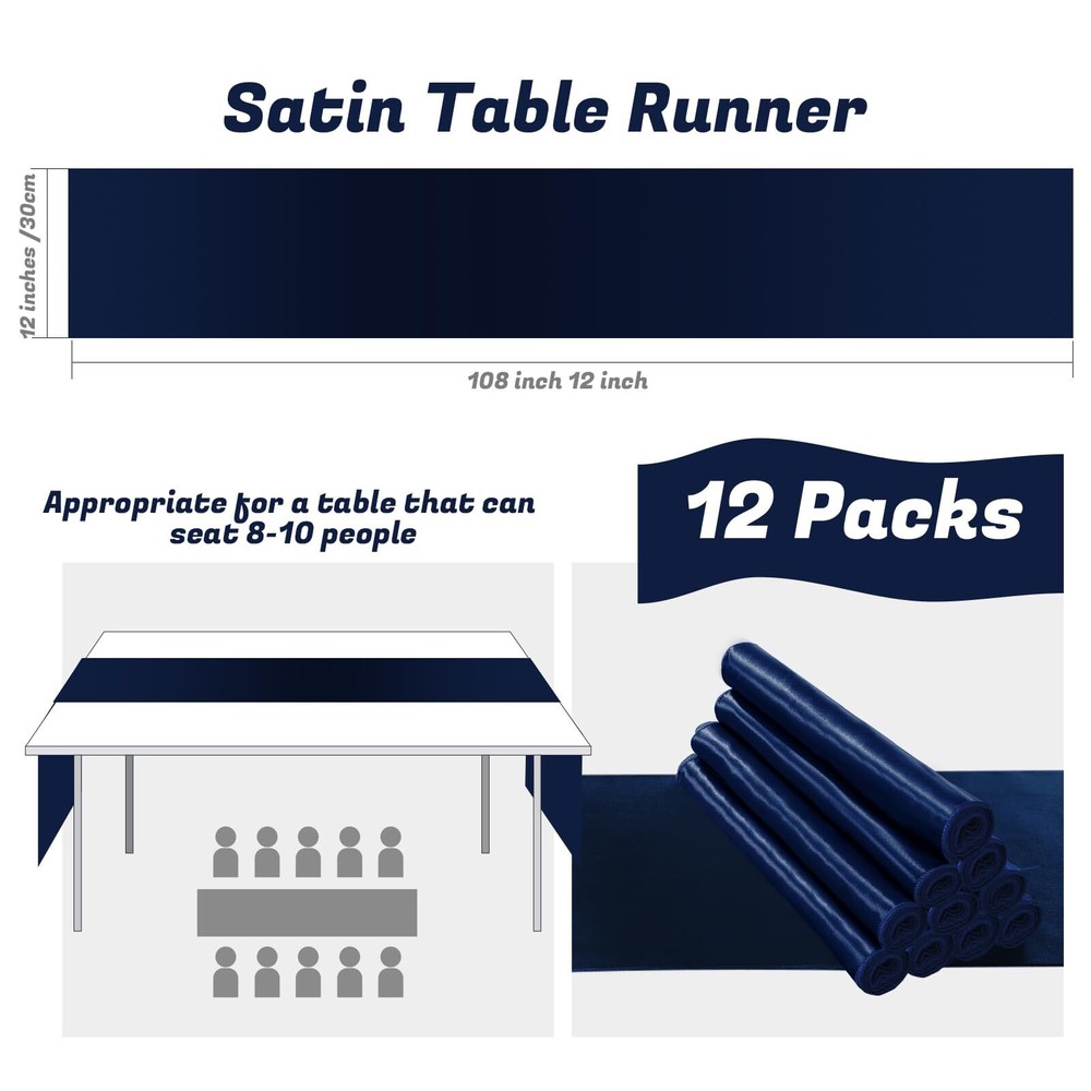 12 Pack Navy Blue Table Runners 12 x 108 Inch Rectangular Smooth Satin Silk T...