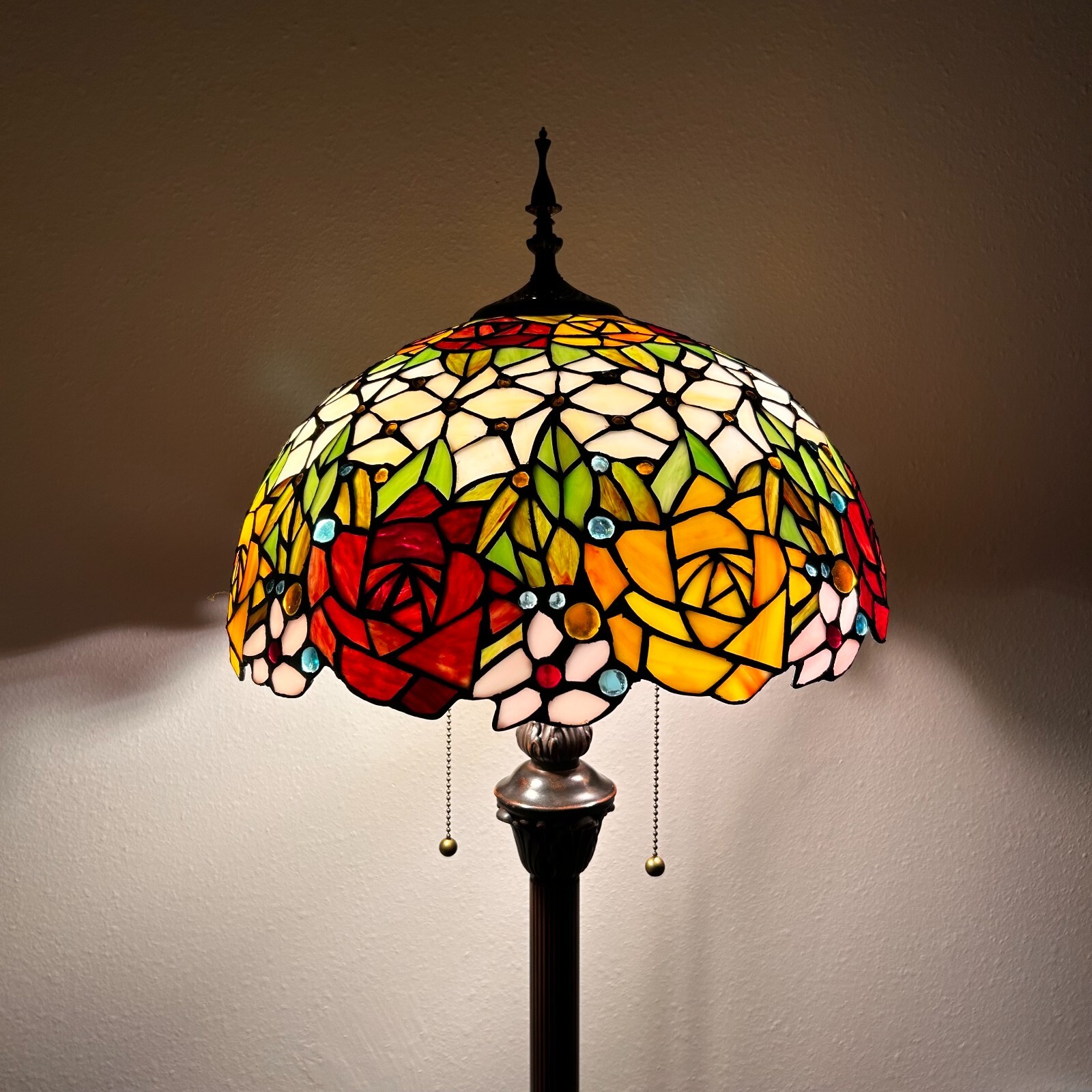 Tiffany Style Floor Lamp Stained Glass Rose Flower Metal Base LED Bulbs 64"H16"W
