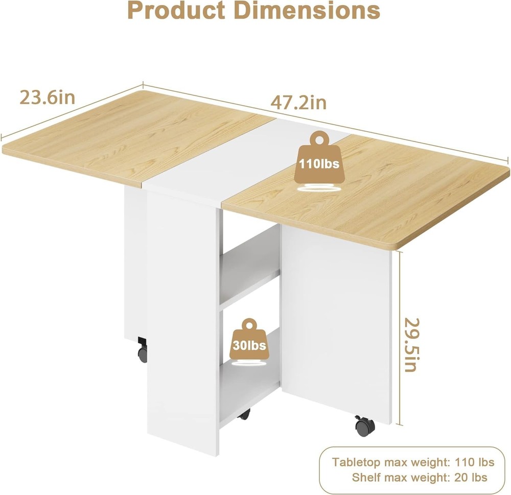 Folding Dining Table, Drop Leaf Kitchen Table with Storage Shelf ,Space Saving