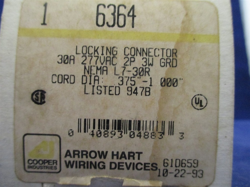 Arrow Hart 6364 Locking Connector new