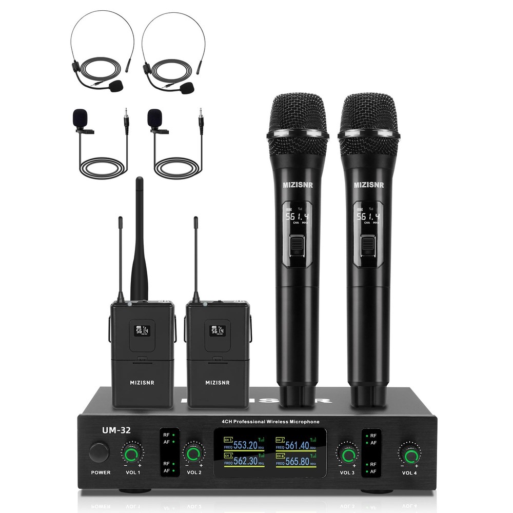 Lapel Wireless Microphone System with Headset & Lavalier Mics, 4 Channel UHF ...