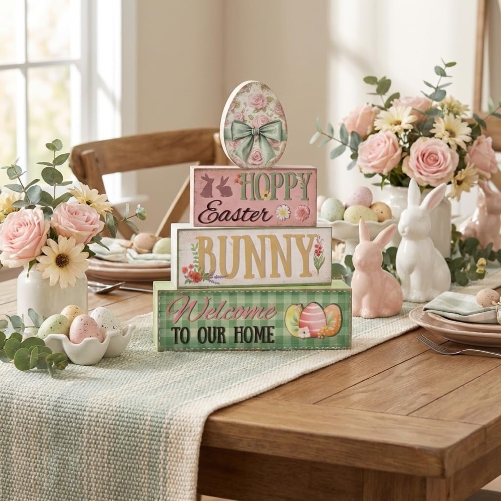 Easter Decorations, 4Pcs Wooden Easter Table Decorations, Easter Egg Tiered Tray