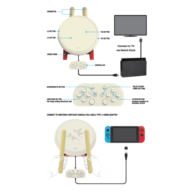 KMD TK Drum Controller for Taiko no Tatsujin: Drum 'n' Fun! Nintendo Switch