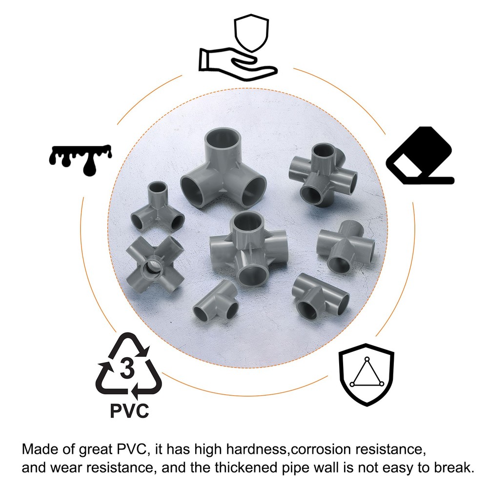 4pcs Tee Fitting 1/2" 6 Ways Connector Build Grade Pipe Coupling Gray