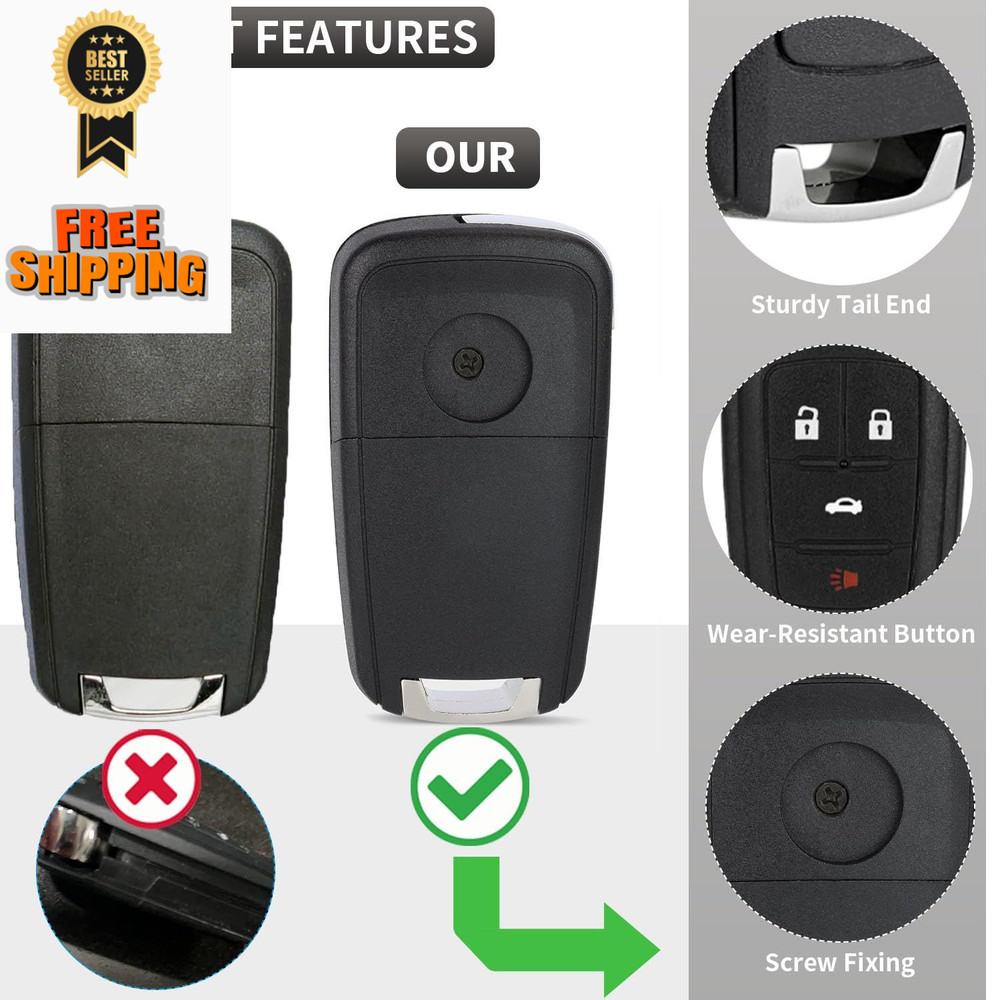 2 Pack Flip Key Fob Case Shell Replacement 4 Button for Chevy Cruze Black