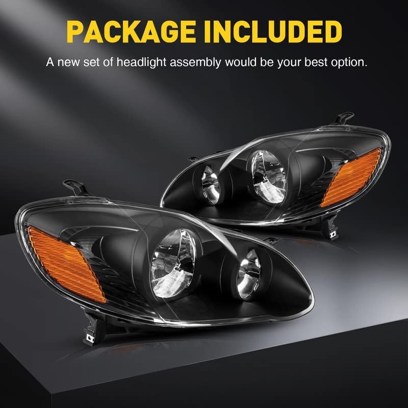 Headlight Assembly, Compatible with 2003-2008 Corolla, Amber Corner, Black
