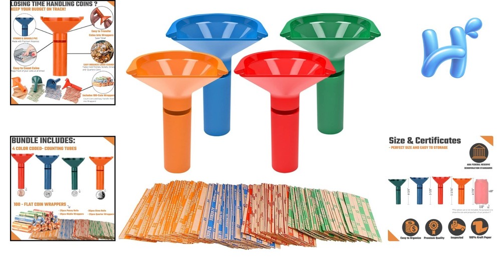 Durable Coin Sorting Tubes with 100 Kraft Paper Coin Wrappers - Compact Solution