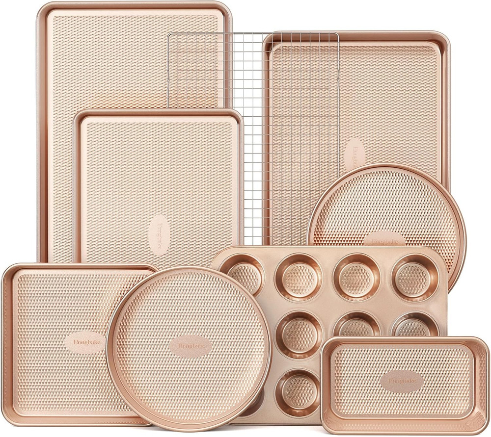 9 Piece Baking Pans Set Nonstick Stackable Non Toxic Bakeware Set Champagne Gold