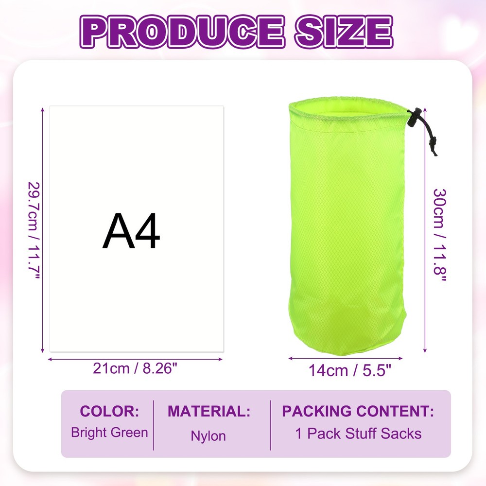 Stuff Sack, Nylon Waterproof Storage Sacks, 6x12Inch (Bright Green)