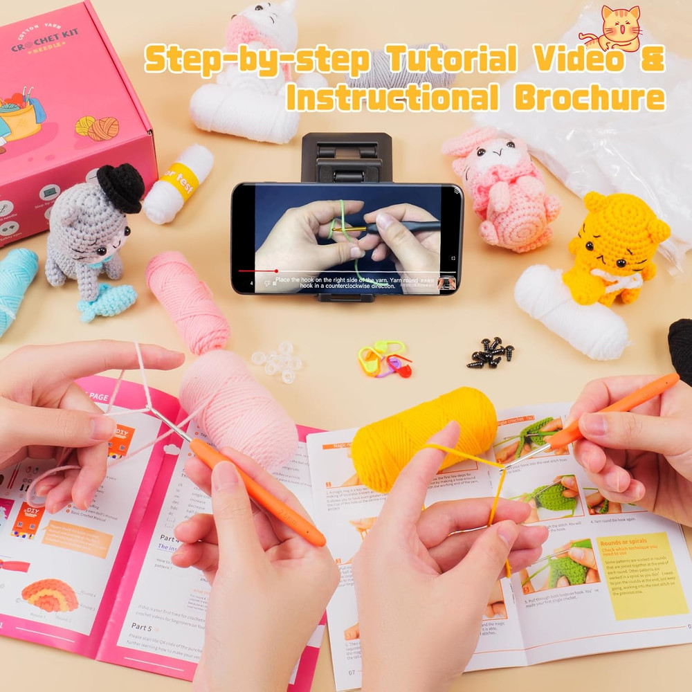 Crochet Kit for Beginners - Cat Crochet Kit with Step-By-Step Video Tutorials, L