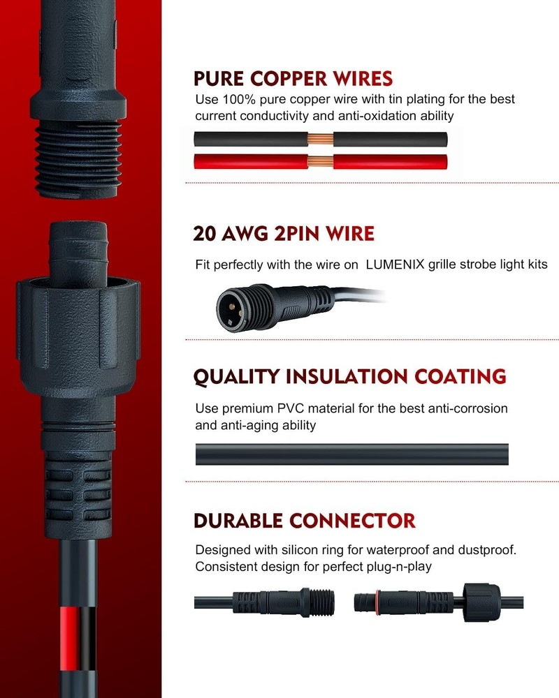 10 FT 2 Pin Extension Cord Cable Wire for Strobe Light Kits