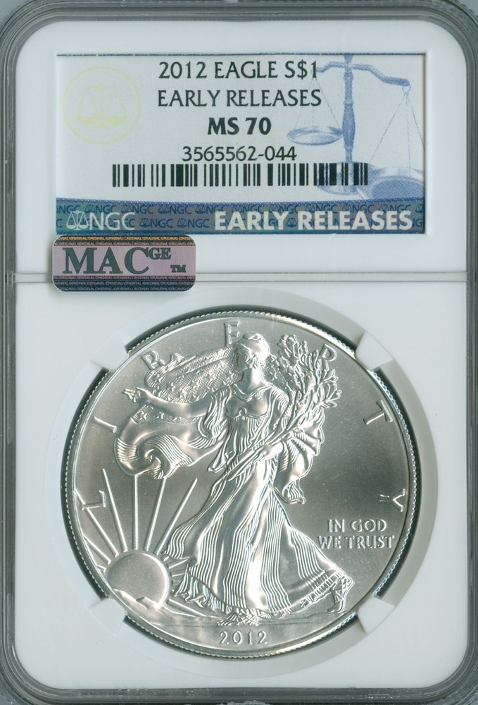 2012 SILVER EAGLE NGC MAC MS70 ER MAC FINEST GRADE & SPOTLESS .