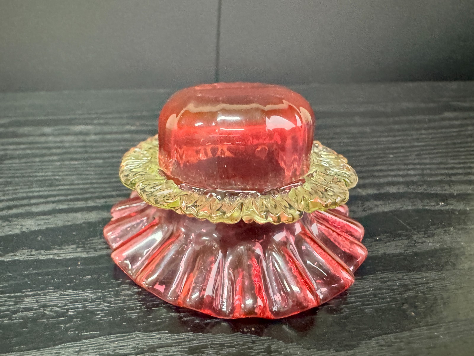 Uranium Glass Cranberry Vaseline Ruffle Open Salt Cellar Antique Victorian Era