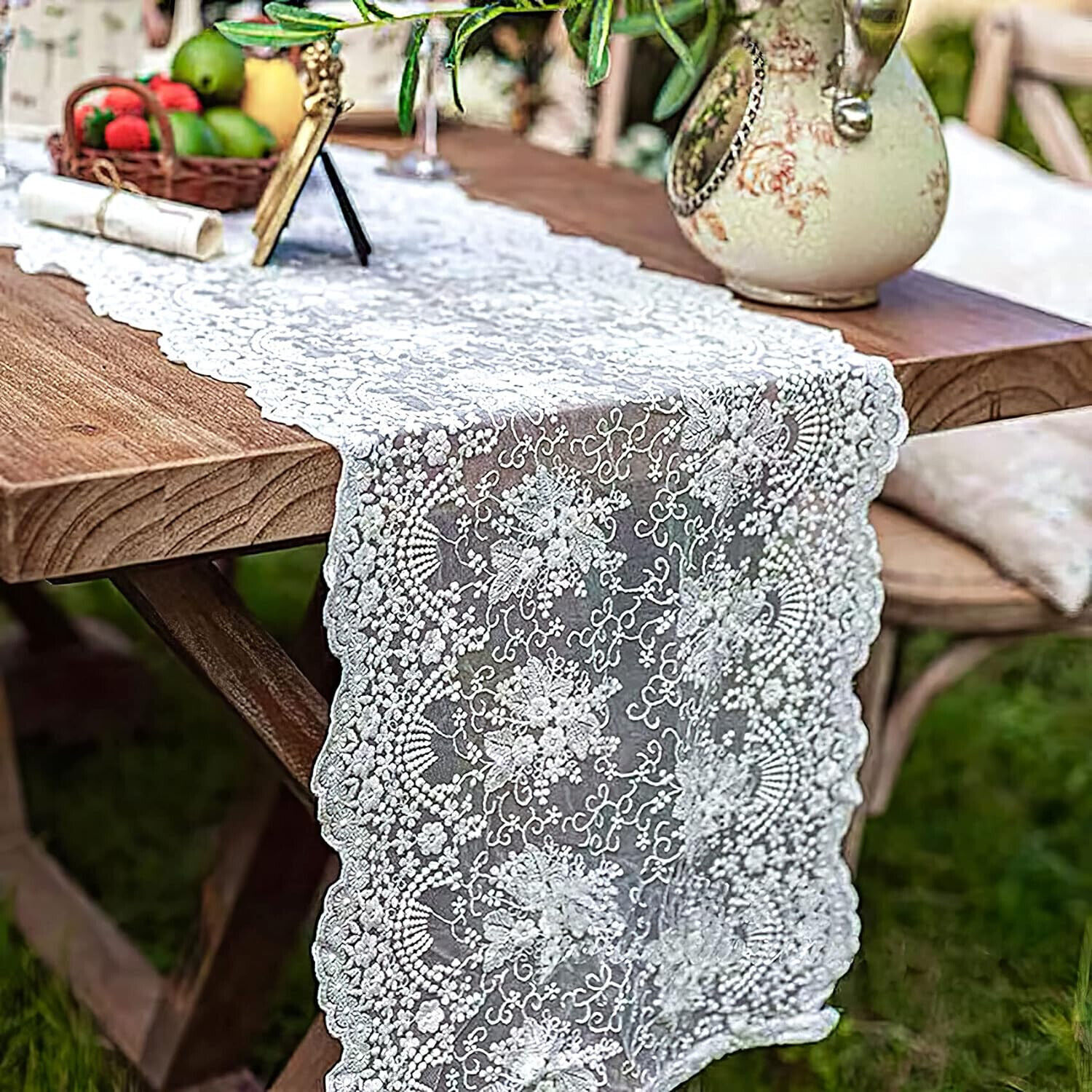White Vintage Embroidered Lace Table Runner Dresser Scarf Doily Wedding Party