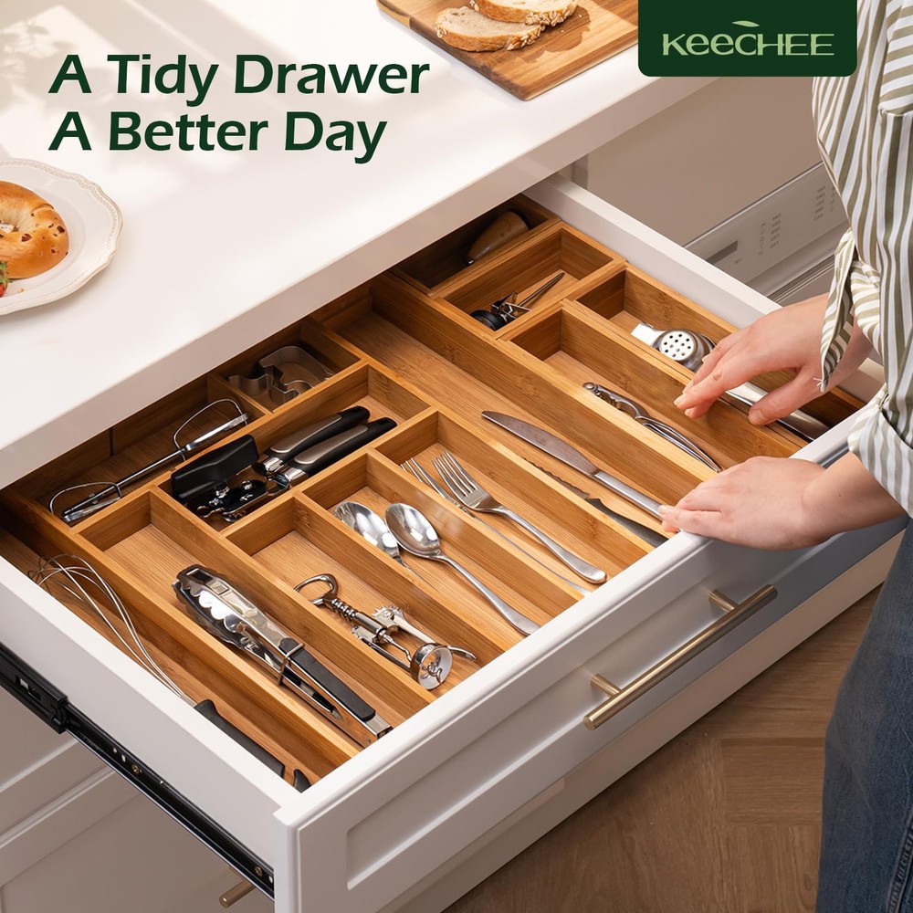 Carbonized Bamboo Kitchen Drawer Organizer, 8-10 Slots Expandable Silverware ...