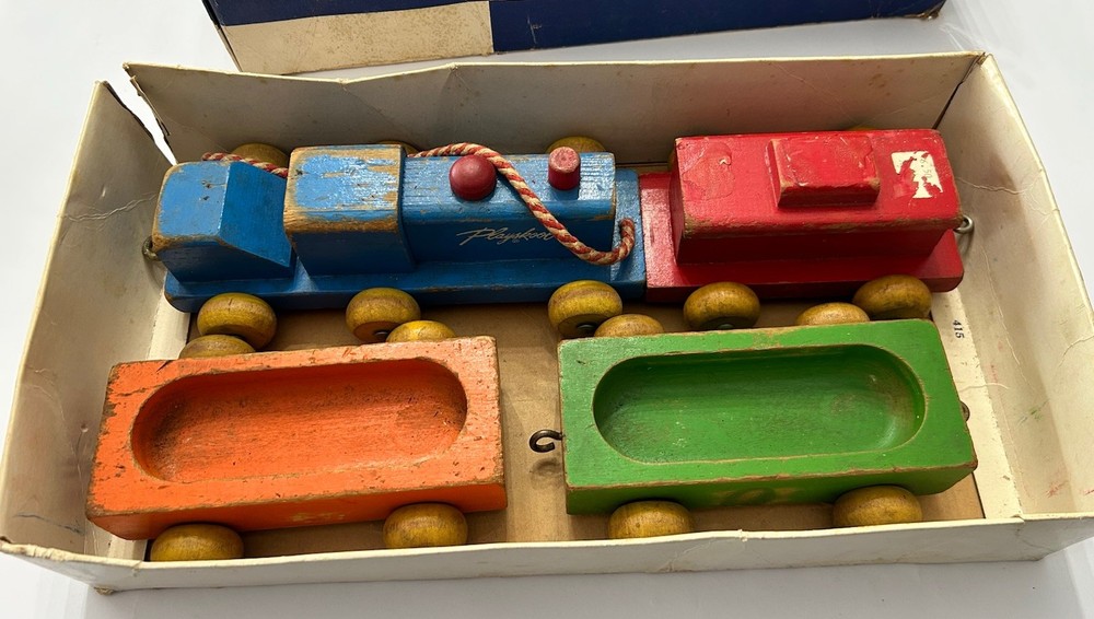 Vintage Playskool Wooden Freight Train Pull Toy - Complete with Original Box