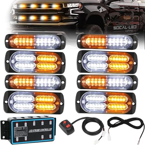 LED Grille Lights for Trucks 8Pcs Surface Mount Emergency Amber / White -2