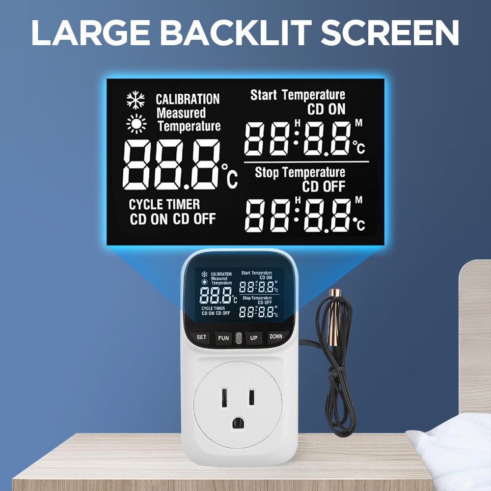 Digital Thermostat Outlet Plug Temperature Controller Heating Cooling w/ Sensor