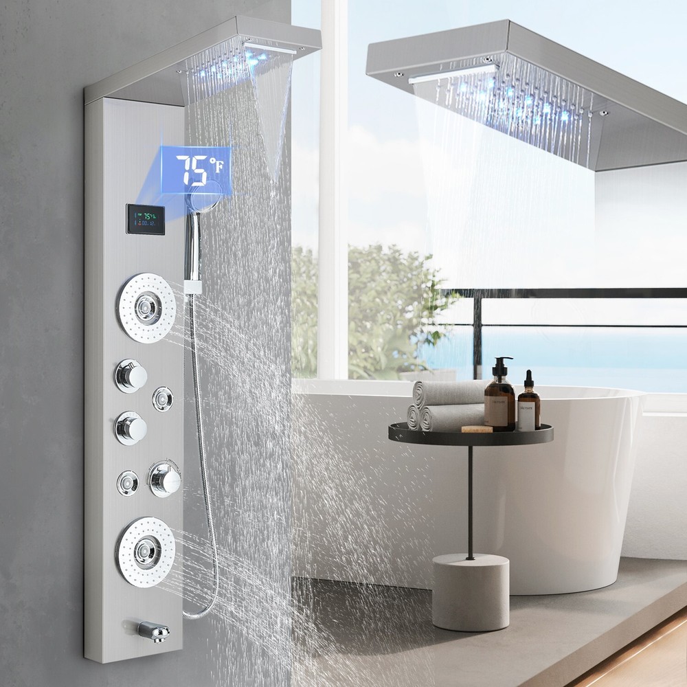 Stainless Steel 6 Functions Shower Panel Tower LED Rainfall Massage System Jets