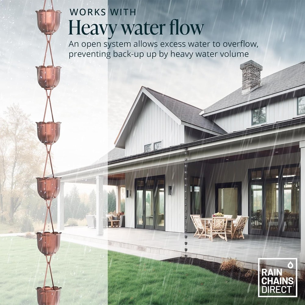 Flutes Rain Chain 8.5 FT Pure Solid Copper Premium Rain Chains Gutters
