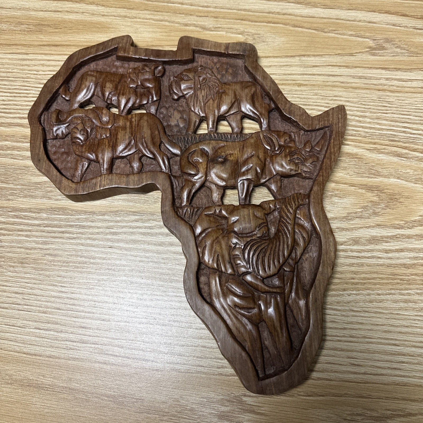 Big 5 Safari Hand Carved Wood African VTG Lion Elephant Rhino Unique Wall Art