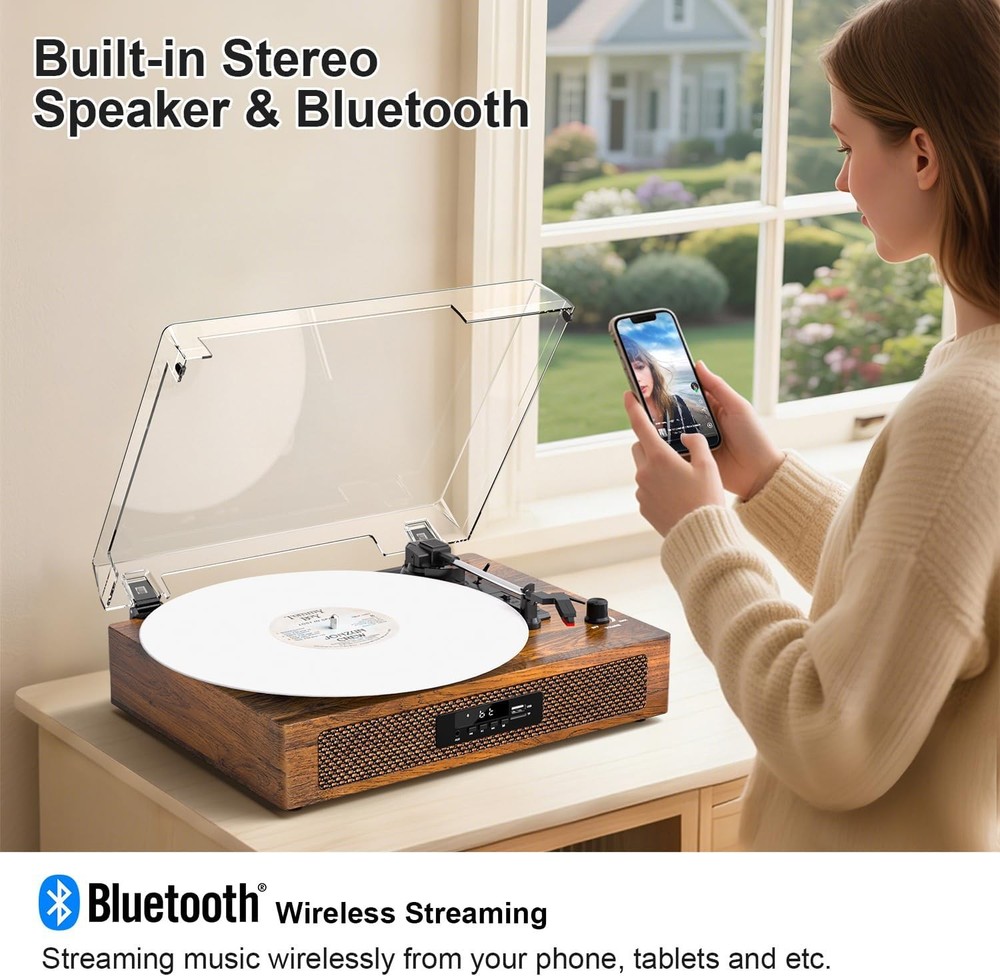 Bluetooth Record Player - 3 Speed Turntable with Built-In Speaker USB Recording