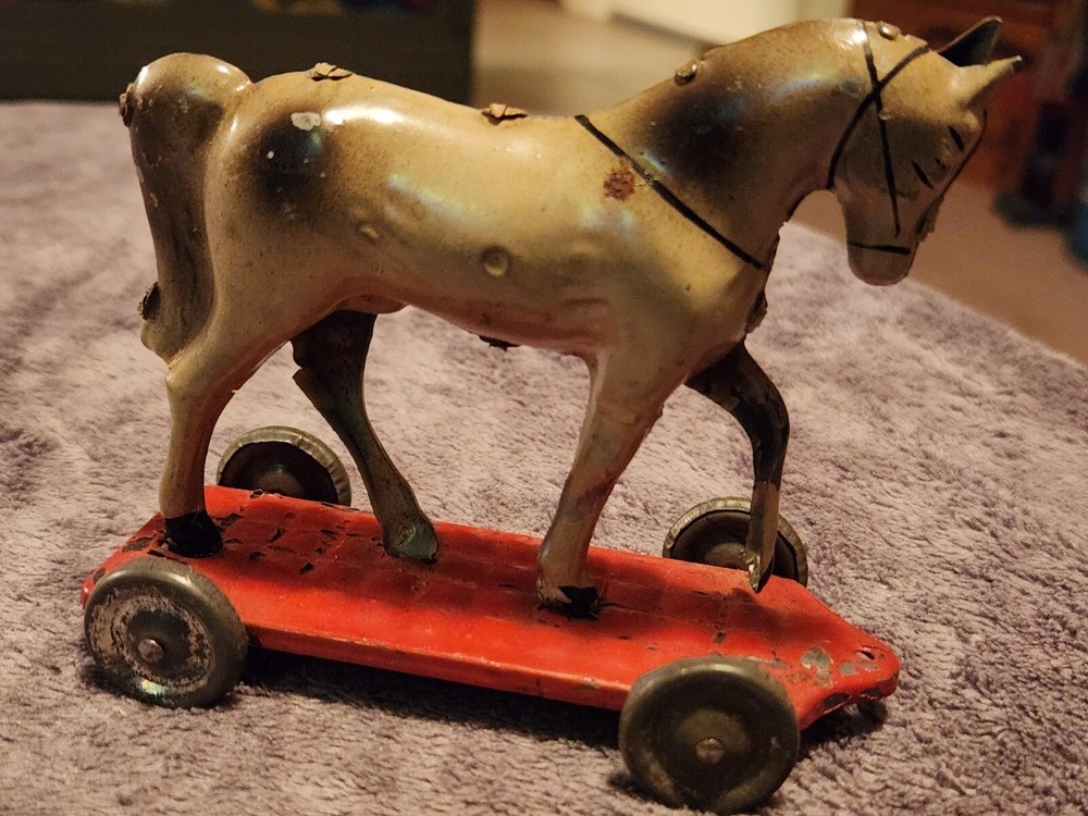 Old Early Tin Penny Toy Platform Horse Pull Toy