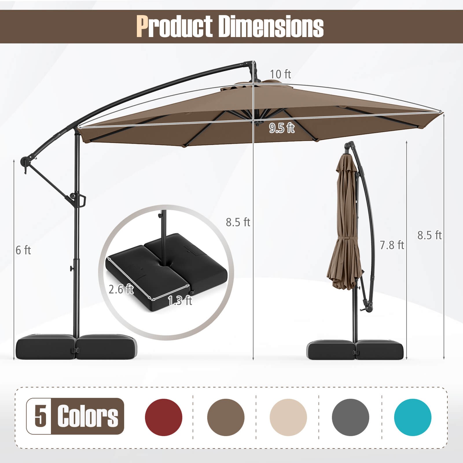 10 FT Offset Hanging Umbrella with Base Patio Cantilever Umbrella 360° Rotation
