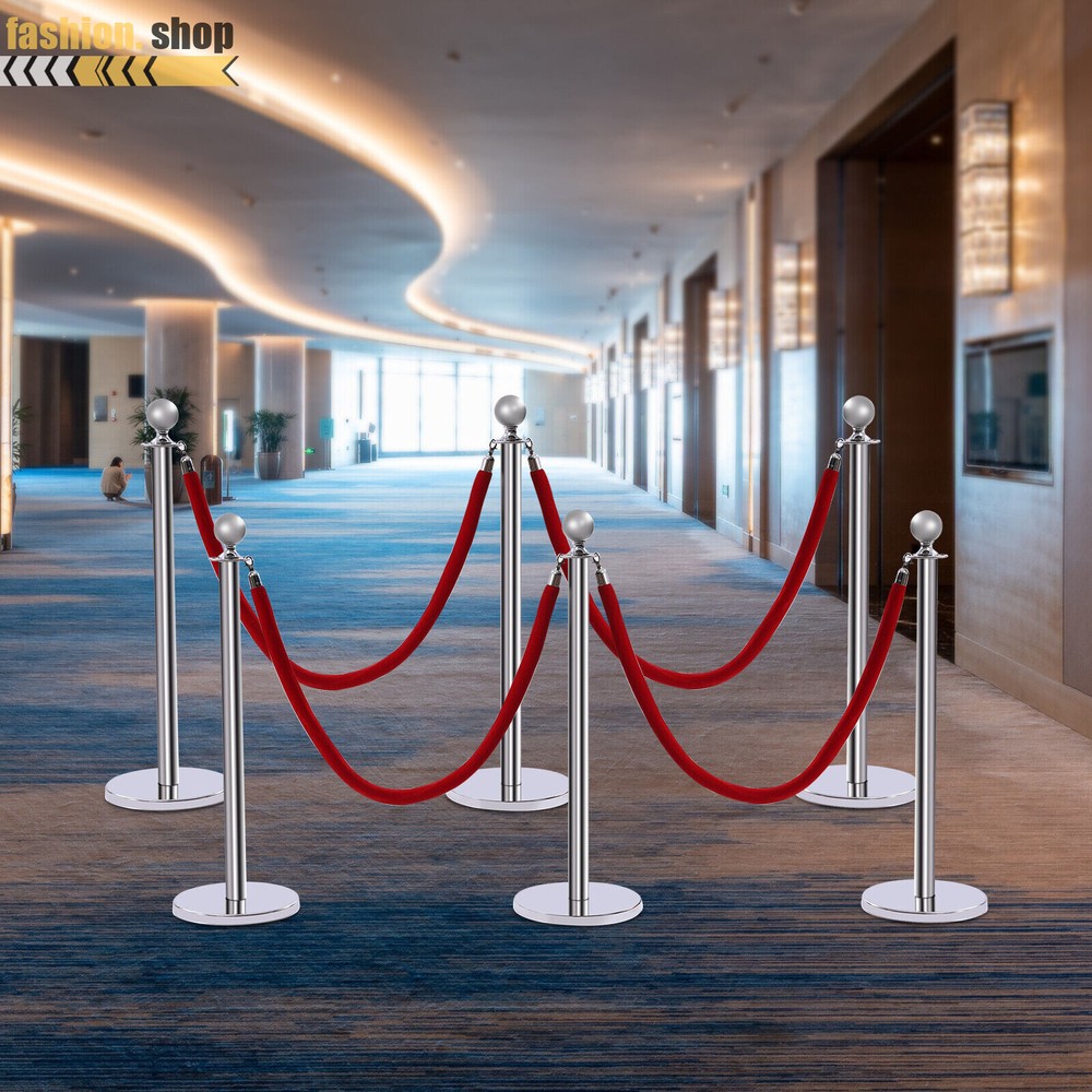 6Pcs Stanchion Posts with 4 Velvet Ropes Crowd Control Queue Pole Barrier