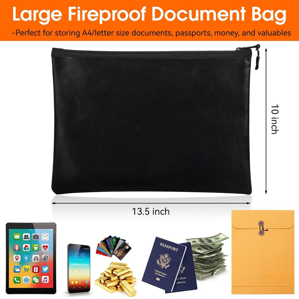 Fireproof Document Bag (10"x13.5") Waterproof Holder with Zipper Storage