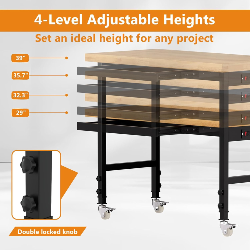 48" Heavy-Duty Solid Wood Work Bench with Drawers, Adjustable Height Workbench w