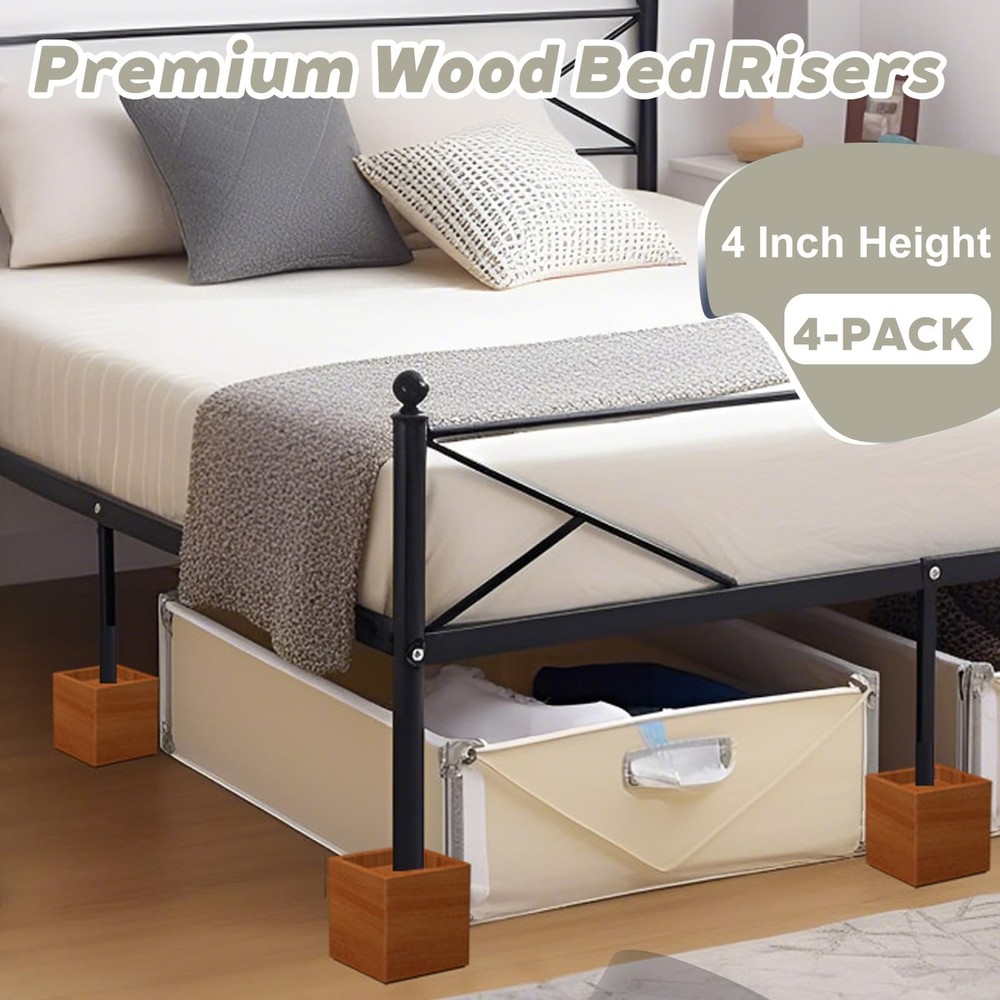 4-Inch Solid Pine Furniture Risers – 2000LBS Capacity, Tool-Free Install, Nat...