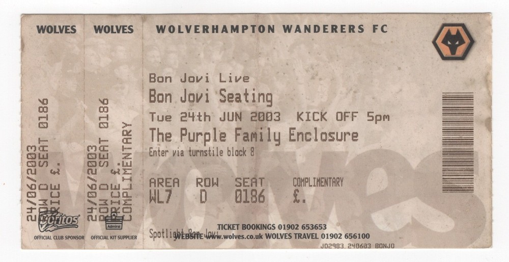 Bon Jovi & Live 6/24/03 Wolverhampton UK Molineux Stadium Ticket Stub!