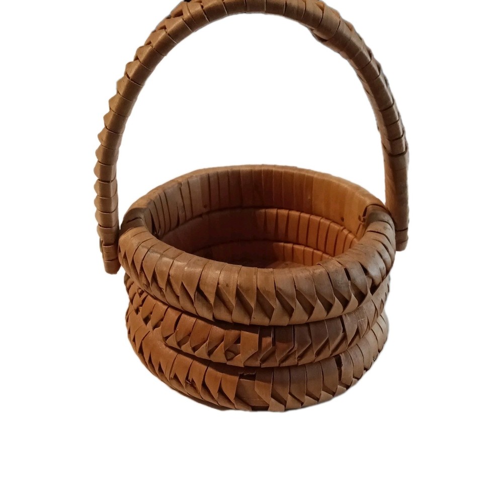 Small Vintage Bamboo Basket Triple Coils w/Handle Easter Round Boho