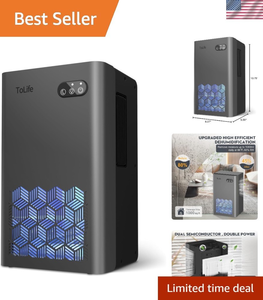Versatile Dehumidifier for Home: 1000 sq.ft Coverage with Auto Shutoff Feature