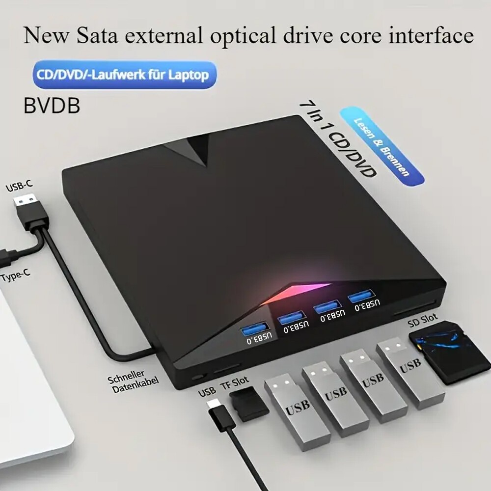 7-in-1 Slim External CD DVD Drive USB 3.0 Reader Writer Burner Player For Laptop