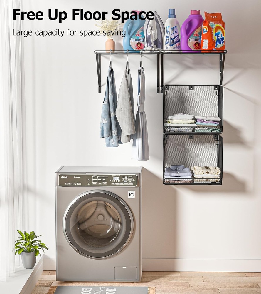 Wall-mounted drying rack above washer and dryer