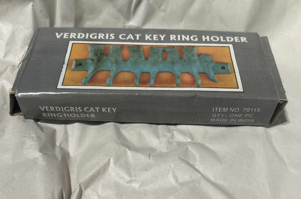 VERDIGRIS Cat Key RING Holder 6 Hooks (NEW In Box) Solid BRASS India