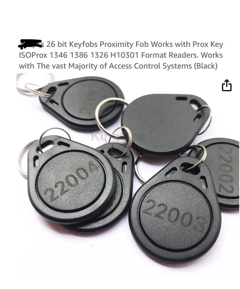 10 Proximity Key Fobs 26 Bit H10301 Format Keyless Thin, Black