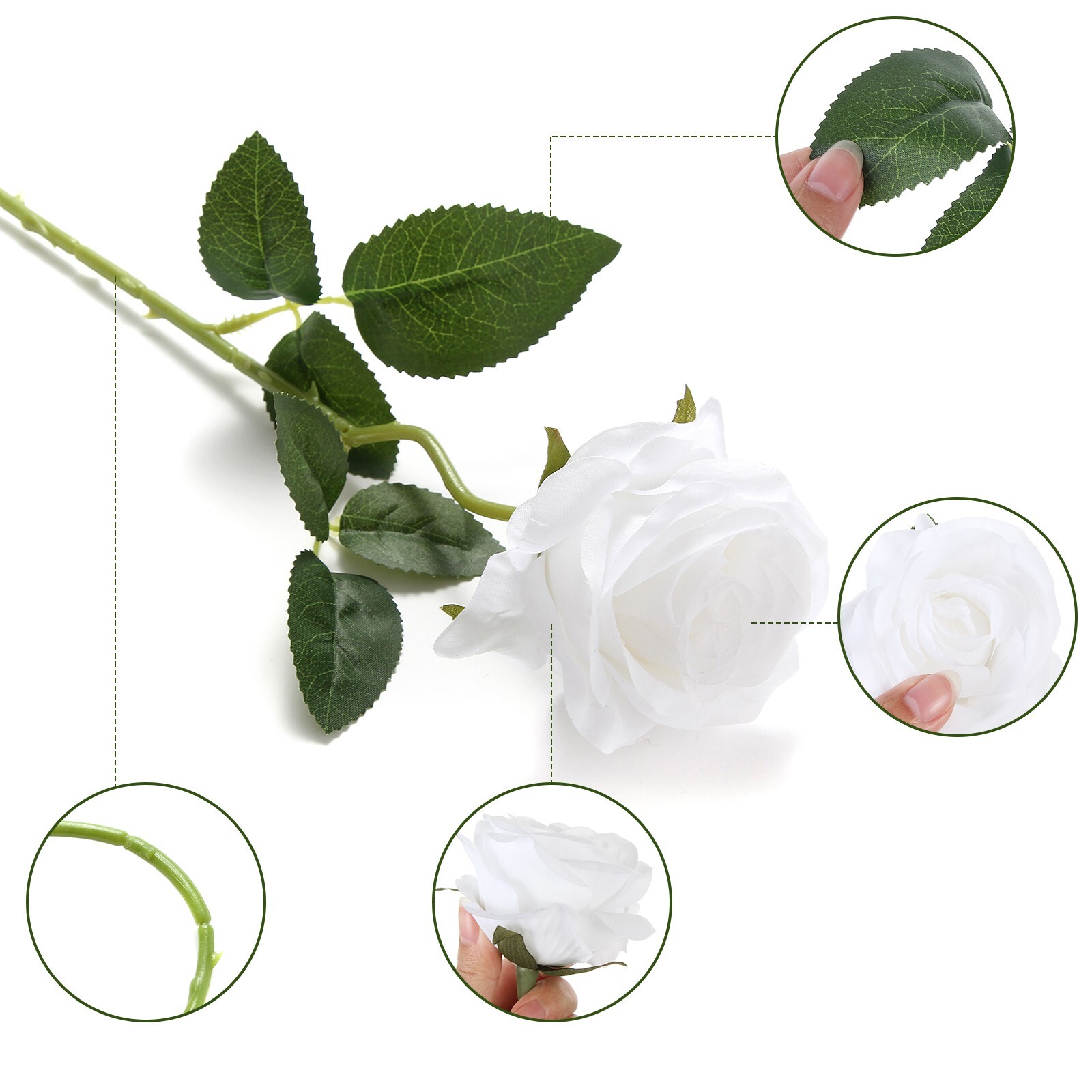 EZFLOWERY 12 Pcs White Silk Artificial Roses with Single Stems