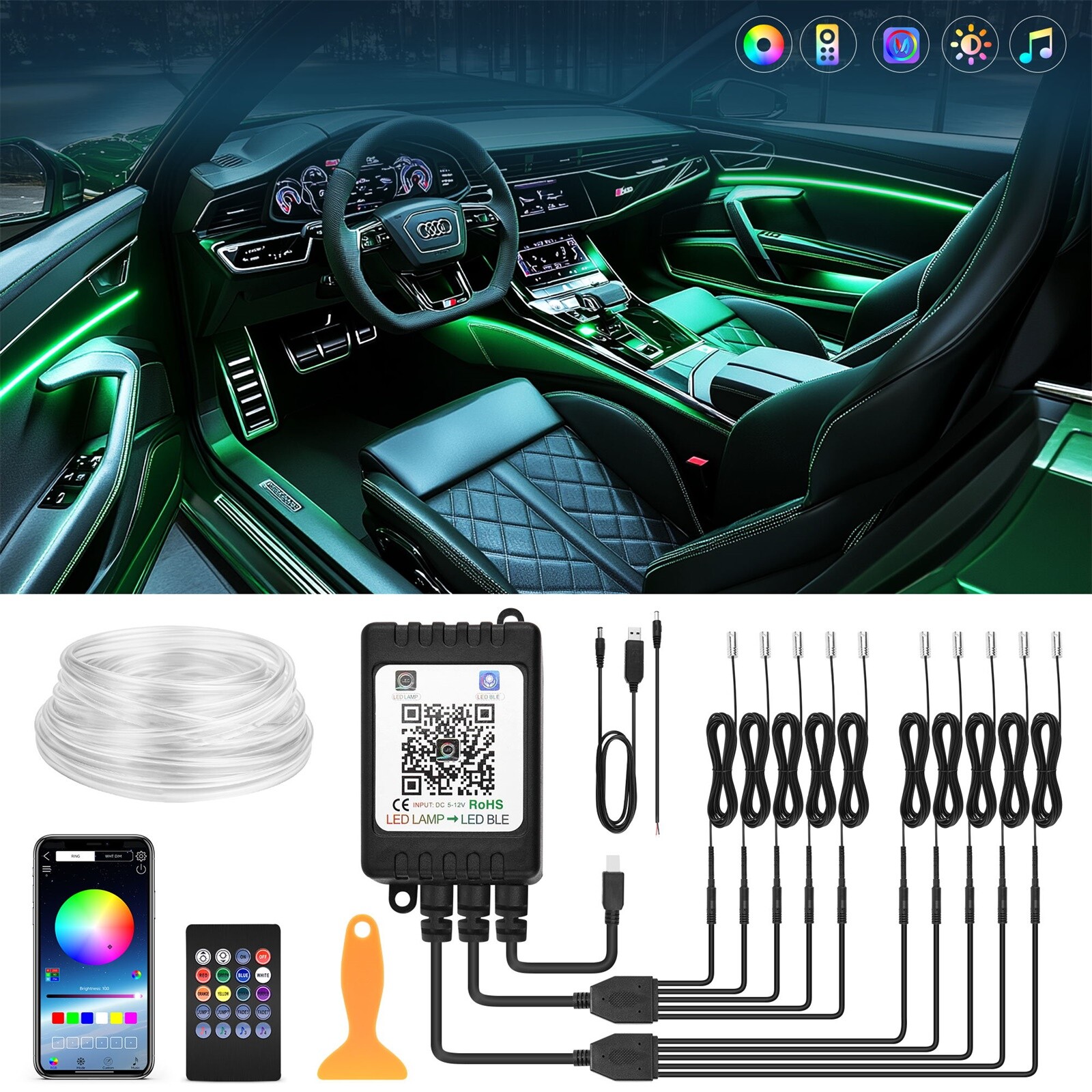 RGB 10-in-1 Interior Car LED Strip Light Neon Ambient Light Kit Fiber Optic Tube