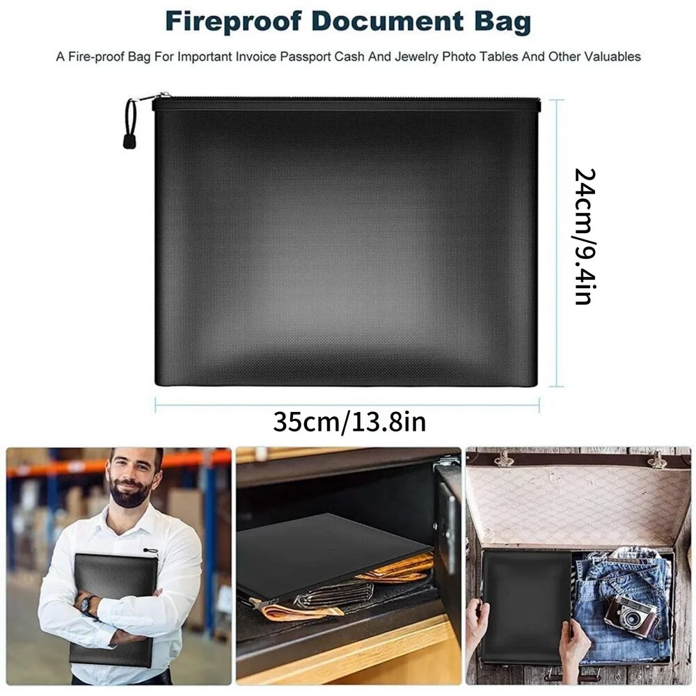Black Fireproof Waterproof Document Bags Envelope File Folder Cash Pouch