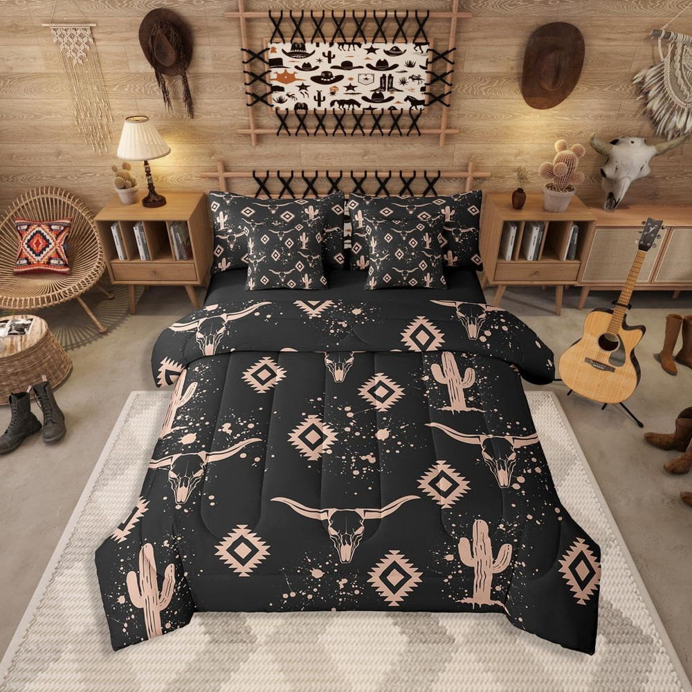 7 Pieces Bed Set Aztec Comforter Set Queen Size,Rustic Bull Skull Bedding Set fo