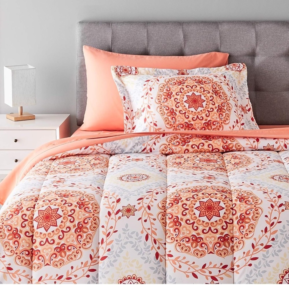 Single Size 5-Piece Medallion Bed-in-a-Bag Set Orange Multicolor Bedding