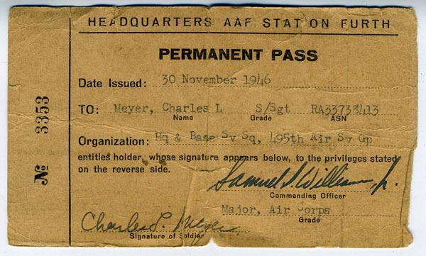 1946 AAF Station Furth Germany Permanent Pass