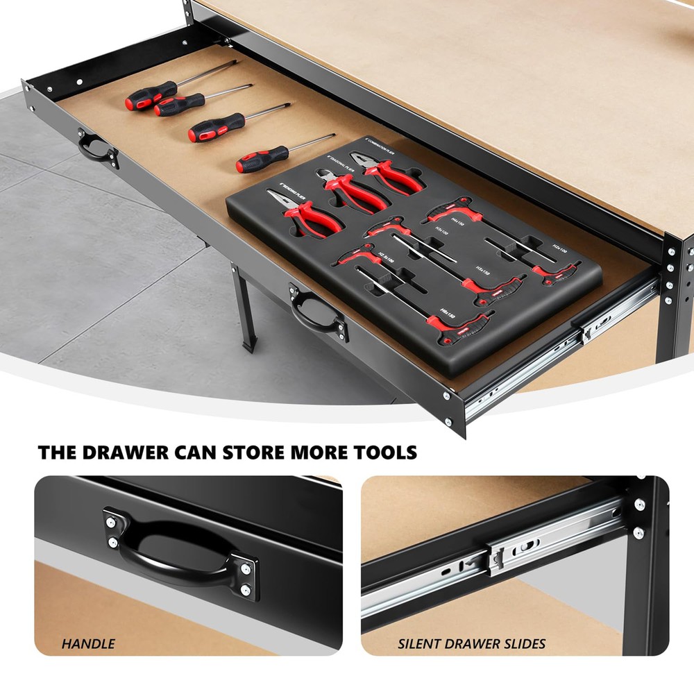 63" Tools Cabinet Working Workbench Tool Storage Workshop Table Drawers Pegboard